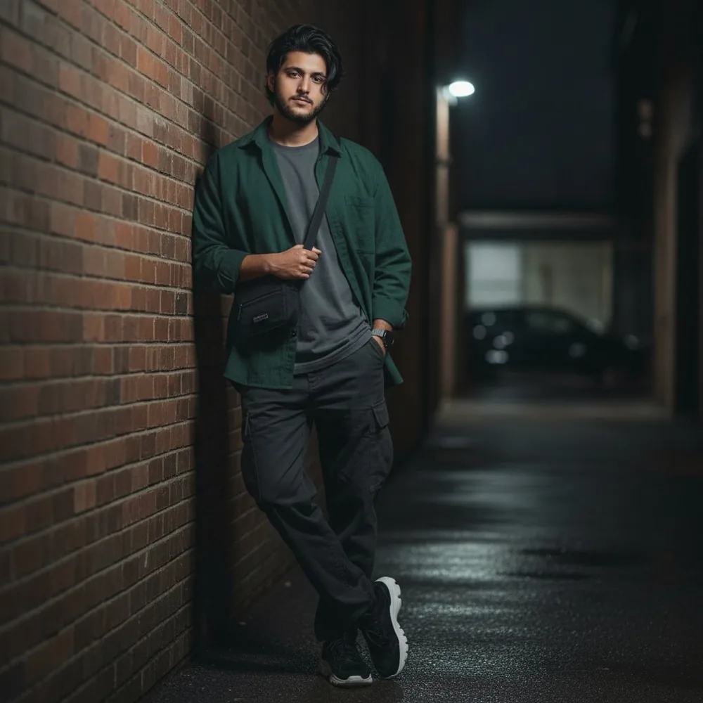 Khizer Javed in a black hoodie leaning on a brick wall at night