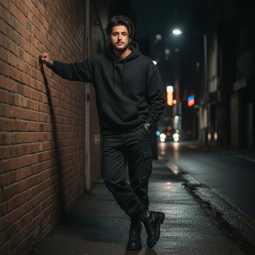 Khizer Javed in a hoodie on a city street at night with neon lights