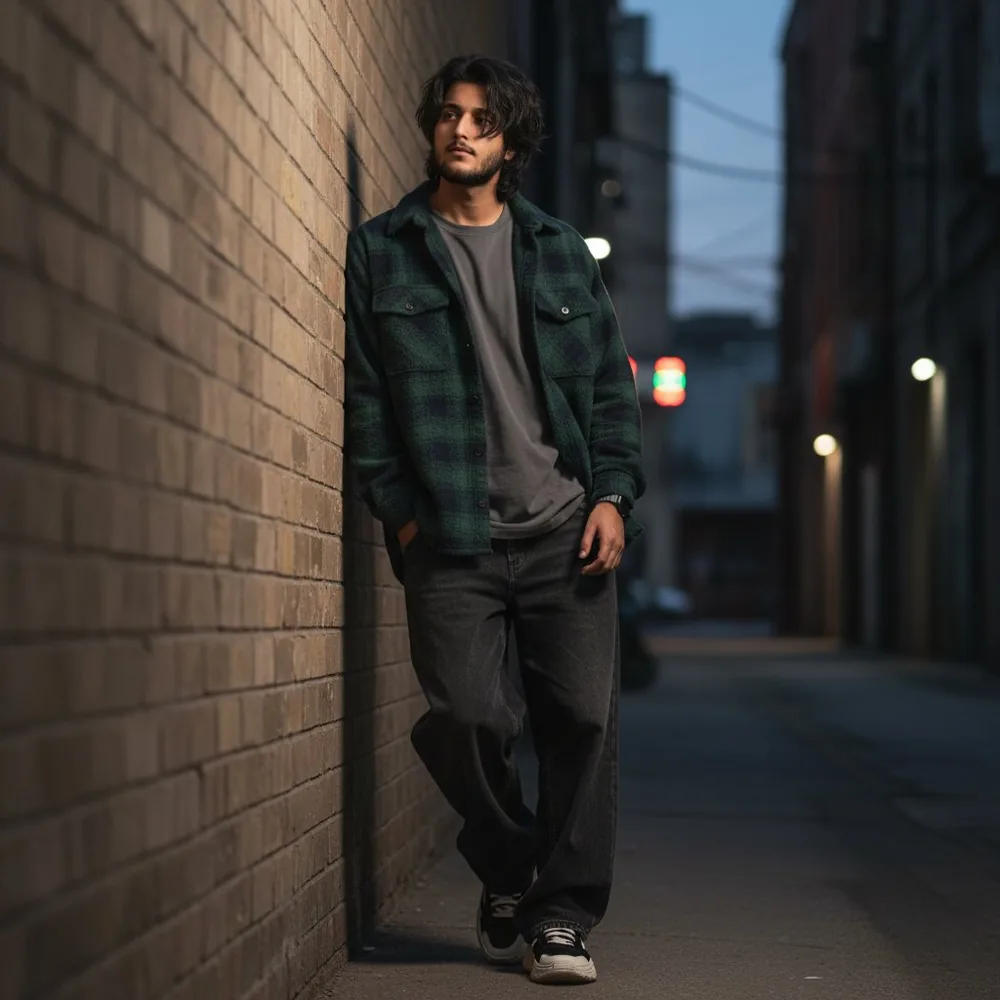 Khizer Javed in streetwear with a side bag in an urban alley